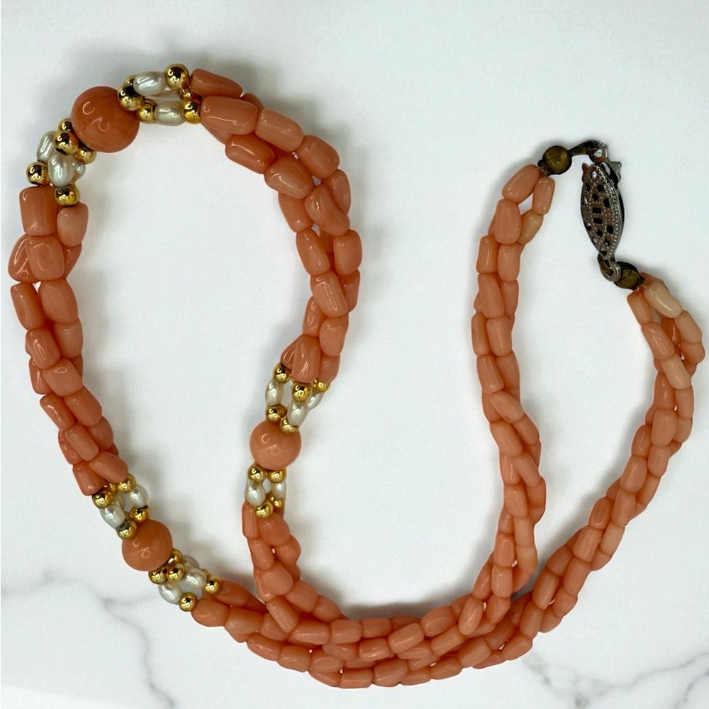 Vintage Angel Skin Coral & Freshwater Pearl 18” 3 Strand Twist Bead Gold Accents - Picture 9 of 17